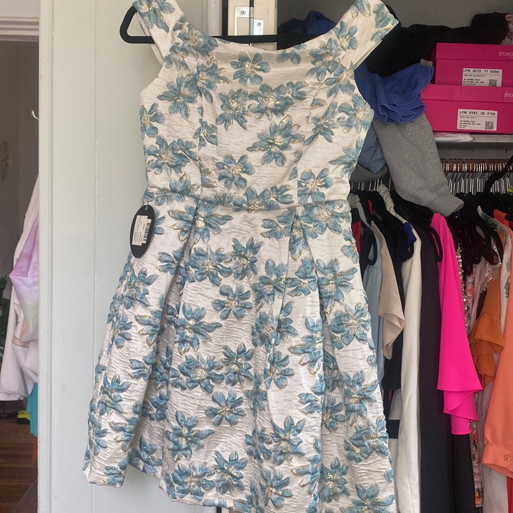 Ivory and turquoise brocade boat neck dress